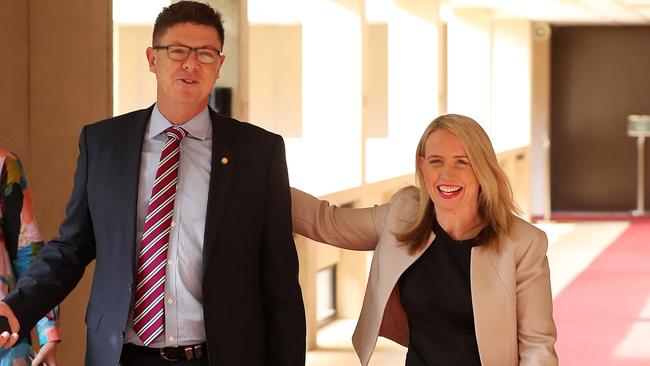 LNP MP Rob Molhoek and Tourism Minister Kate Jones at Parliament. Photographer: Liam Kidston