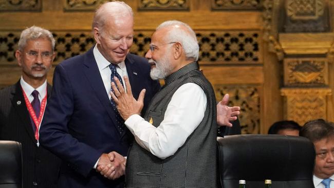 India's Prime Minister Narendra Modi (R) talks with Joe Biden (C) as India's Foreign Minister Subrahmanyam Jaishankar looks on. Picture: AFP.