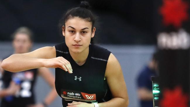 MELBOURNE, AUSTRALIA - OCTOBER 02: Alana Barba completes the agility test during the 2019 AFLW Draft Combine at Margaret Court Arena on October 02, 2019 in Melbourne, Australia. (Photo by Dylan Burns/AFL Photos via Getty Images)