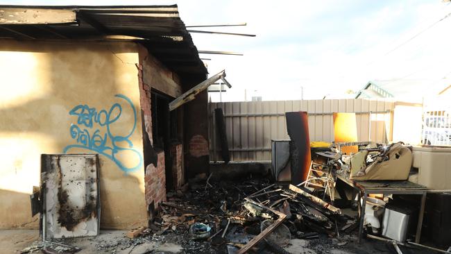 Unit fire on Marion St, Glenelg, from rubbish spreading to the shed. $30,000 damages. Police attend scene this morning to investigate. Picture: Tait Schmaal