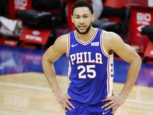 PHILADELPHIA, PENNSYLVANIA - MARCH 01: Ben Simmons #25 of the Philadelphia 76ers calls to teammates during the third quarter against the Indiana Pacers at Wells Fargo Center on March 01, 2021 in Philadelphia, Pennsylvania. NOTE TO USER: User expressly acknowledges and agrees that, by downloading and or using this photograph, User is consenting to the terms and conditions of the Getty Images License Agreement.   Tim Nwachukwu/Getty Images/AFP == FOR NEWSPAPERS, INTERNET, TELCOS & TELEVISION USE ONLY ==