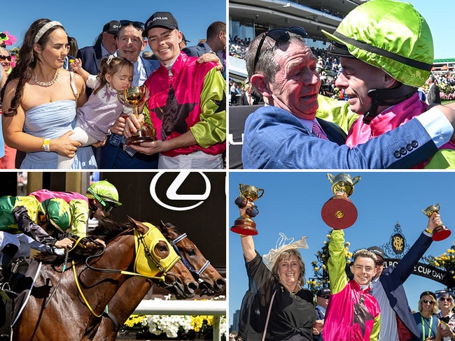 Jockey Robbie Dolan celebrates with his family and trainers Sheila Laxon and John Symons after Knight's Choice's Melbourne Cup victory.