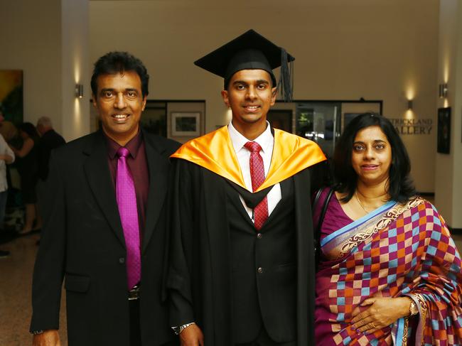 UTAS Graduations - Tasmanian School of Business and Economics and Graduate Research graduates are pictured before the ceremony. (L-R) Jagath Abeyweera, Nishanth Abeyweera, Kar'hdu Abeyweera. Picture: MATT THOMPSON