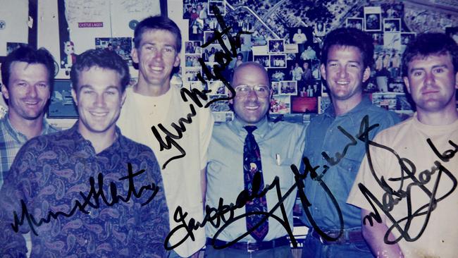 Restaurateur Tony De Ieso pictured with former Australian Test cricketers Steve Waugh, Michael Slater, Glenn McGrath, Mark Waugh and Mark Taylor.