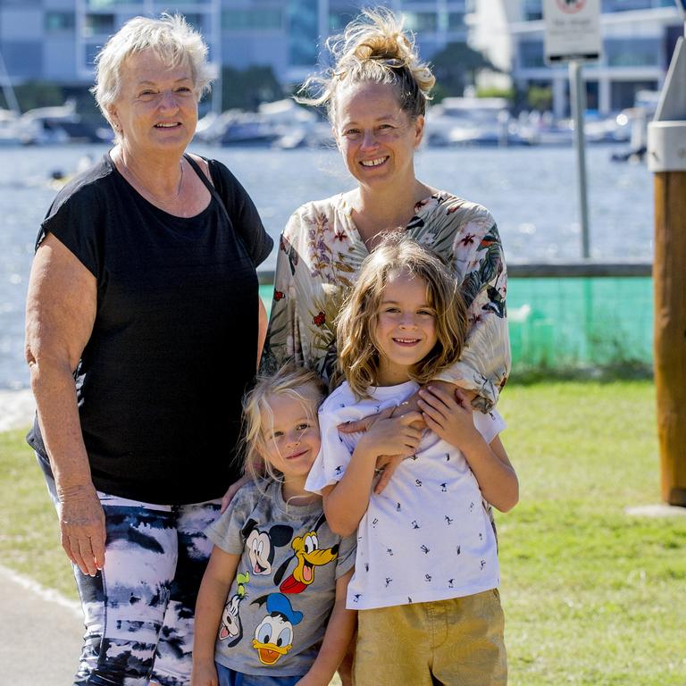 <p>Faces of the Gold Coast at Paradise Point. Bernadette Bakker, Kristra Smith, Kobe Smith, 7, and Parker Smith, 4. Picture: Jerad Williams</p>