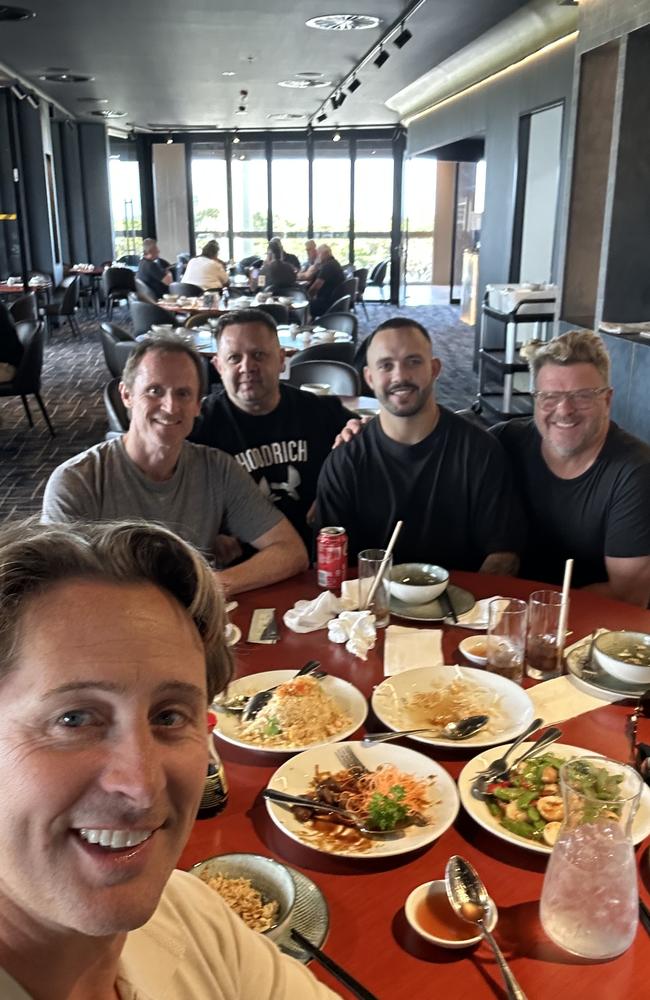 Sharks Chairman Steve Mace (front), Back, from left to right – Sharks GM of football Darren Mooney, player agent Warwick Wright, Braydon Trindall, Shark director Dave Nicholson at Golden Bay Chinese restaurant Cronulla Leagues Club. Picture: Supplied