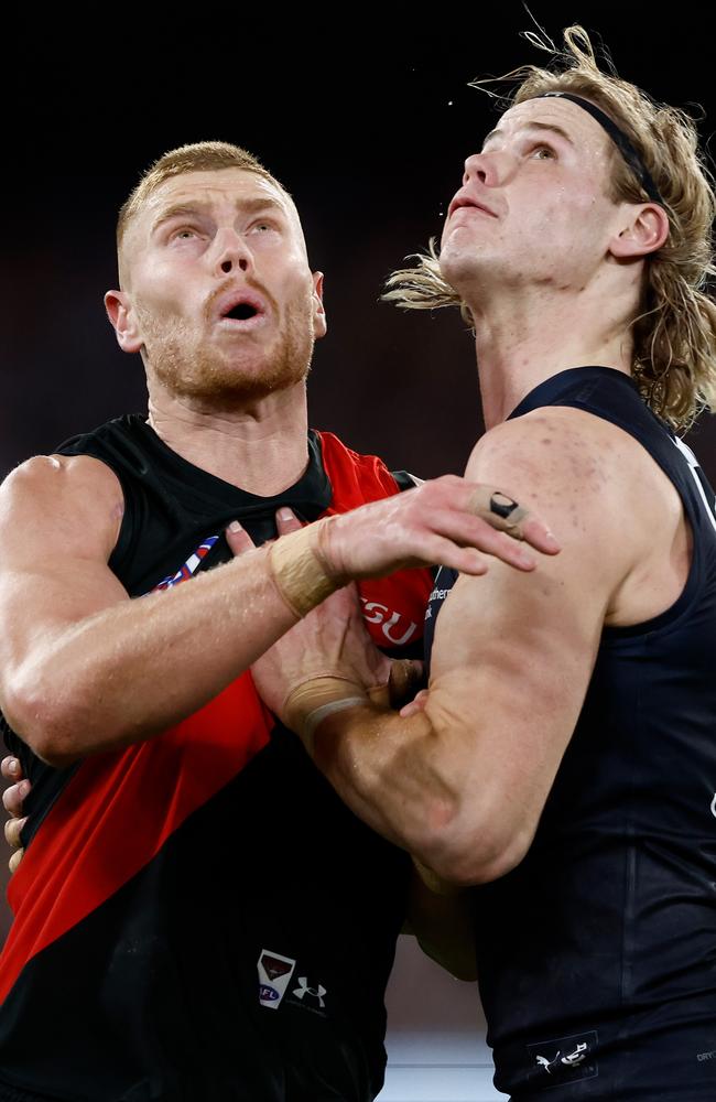 Peter Wright (left) believes Essendon’s best is good enough to challenge anyone in the competition. Picture: Michael Willson/AFL Photos via Getty Images