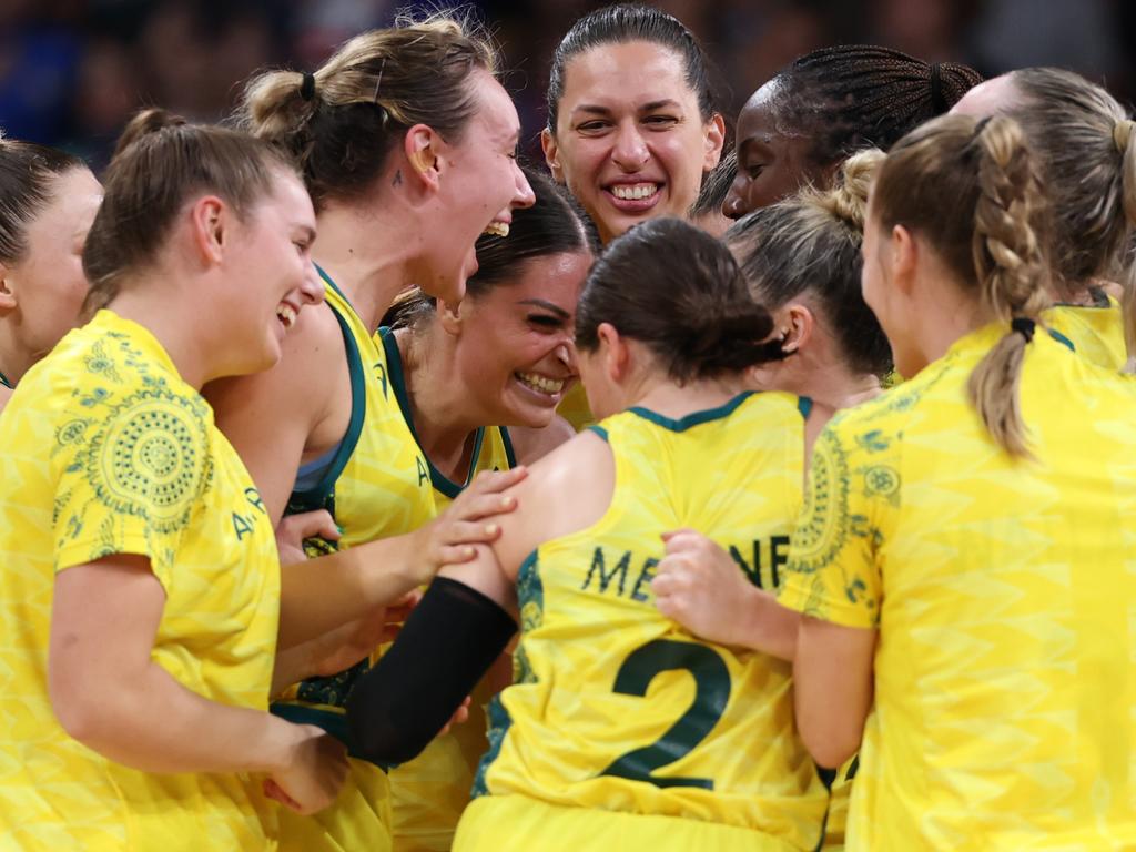 Opals players celebrate after their win against France. Picture: Getty Images