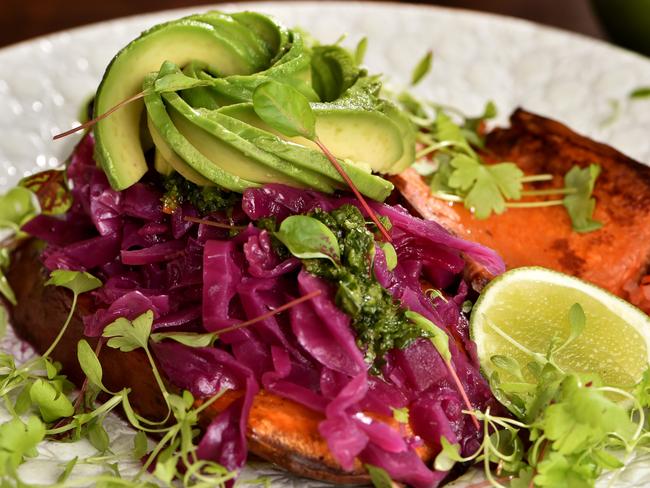 Sweet potato, served with parsley, red cabbage, balsamic, onion, garlic, lemon zest and avocado at Serotonin Eatery. Picture: Jay Town