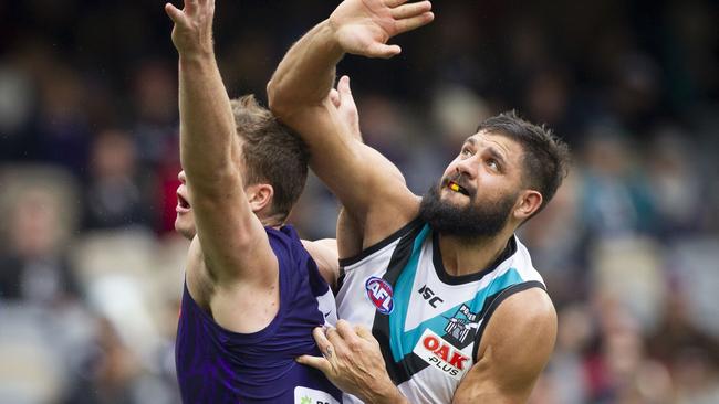 Sean Darcy and Paddy Ryder battle in the ruck.