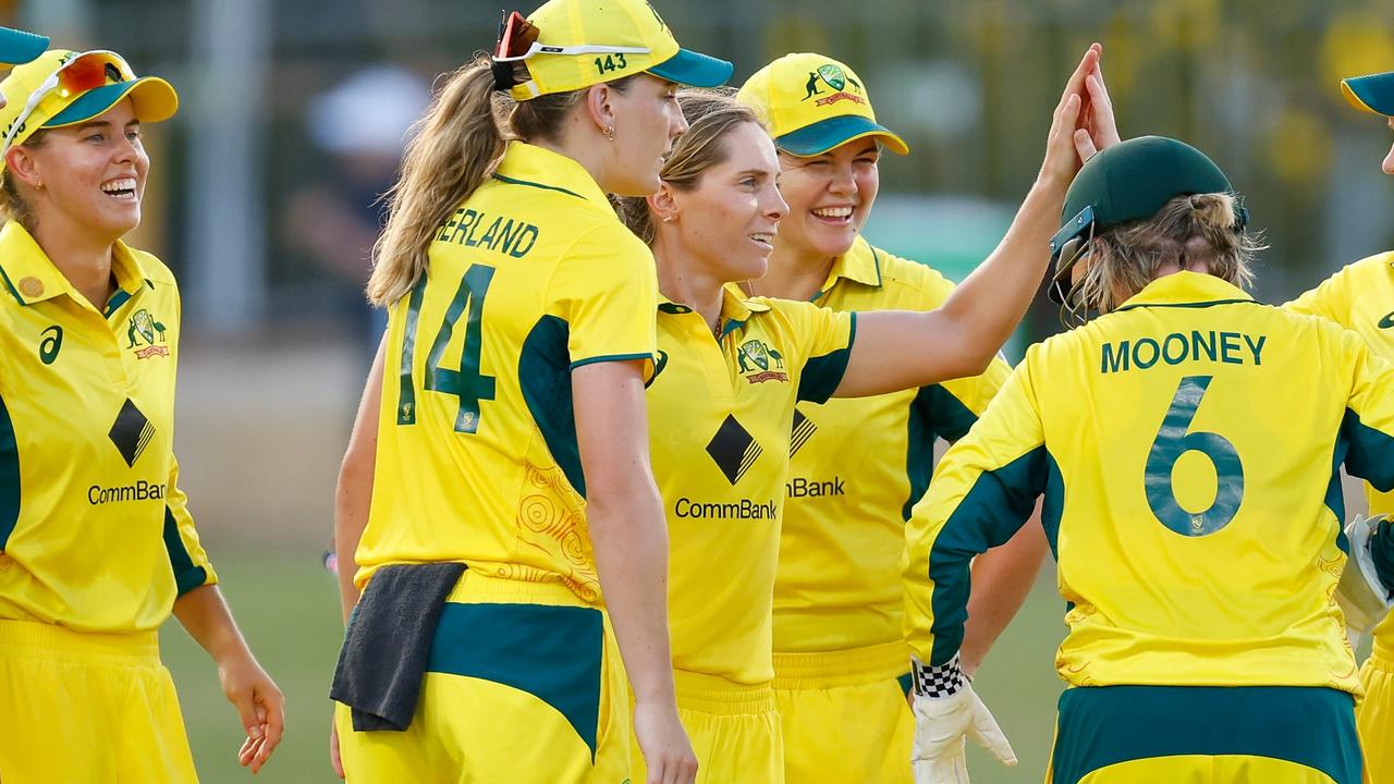 All-rounder Sophie Molineux (centre) will miss the Ashes as she undergoes surgery on her left knee following an injury suffered in the white-ball series against India. Picture: James Worsfold / Getty Images