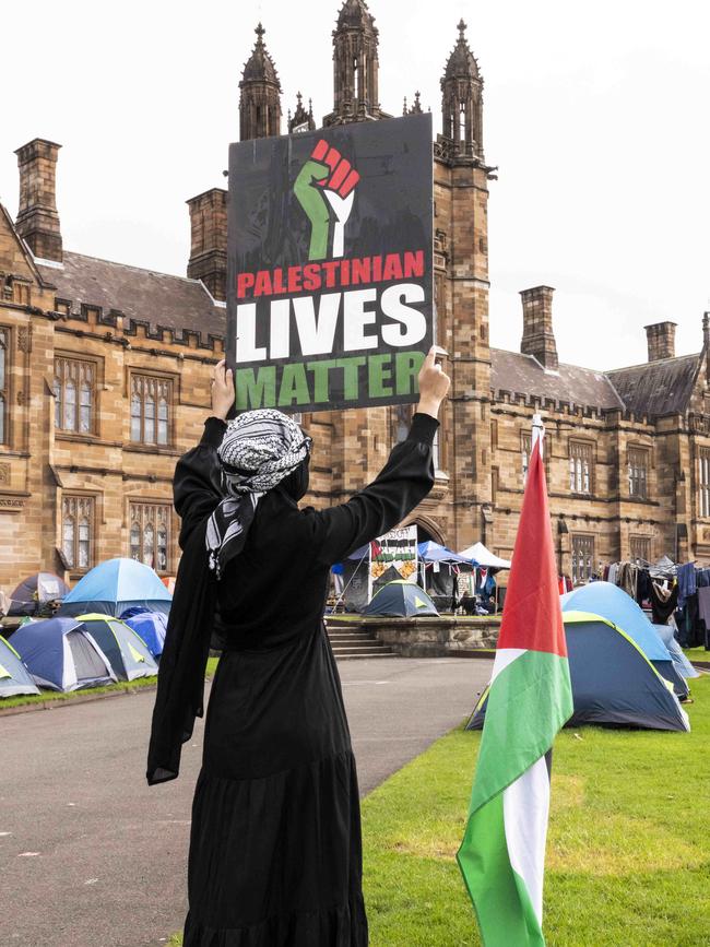 Protester at the University of Sydney. Picture: NewsWire / Monique Harmer