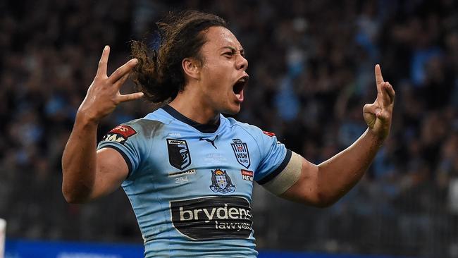 NRL- State of Origin 2022 Game 2 -NSW Blues v QLD Maroons at Optus Stadium, Perth. Jarome Luai and teammates celebrate one of his tries. Picture: NRL Photos