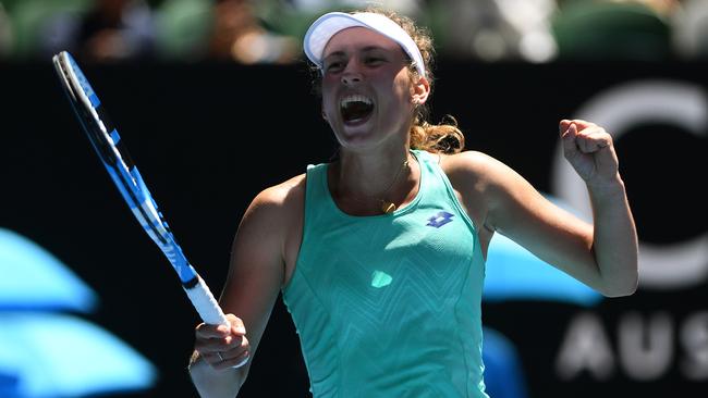 Elise Mertens celebrates her win over fourth seed Elina Svitolina. Picture: AAP