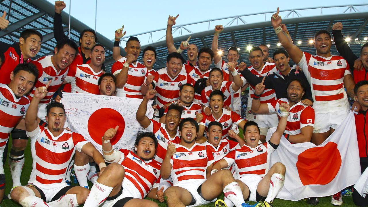 BRIGHTON, ENGLAND - SEPTEMBER 19: Japan players after the win over South Africa during the Rugby World Cup 2015 Pool B match between South Africa and Japan at Brighton Community Centre on September 19, 2015 in Brighton, England. (Photo by Steve Haag/Gallo Images)