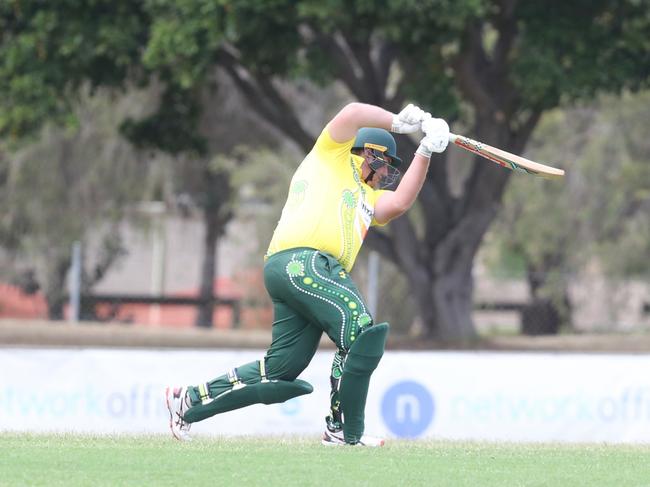 Queens batter Max Houlahan hit an incredible 121 from 76 balls in Cricket Gold Coast round three. Picture by Richard Gosling