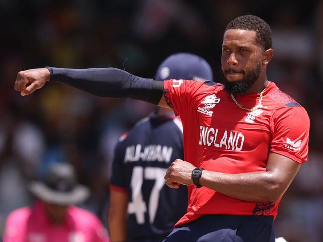 BRIDGETOWN, BARBADOS - JUNE 23: Chris Jordan of England celebrates the wicket of Ali Khan of USA during the ICC Men's T20 Cricket World Cup West Indies & USA 2024 Super Eight match between USA and England at Kensington Oval on June 23, 2024 in Bridgetown, Barbados. (Photo by Robert Cianflone/Getty Images)