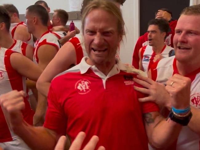 Mordialloc's senior coach Josh Jewell pumped in the rooms after SFNL Div 2 win. Picture: Supplied.