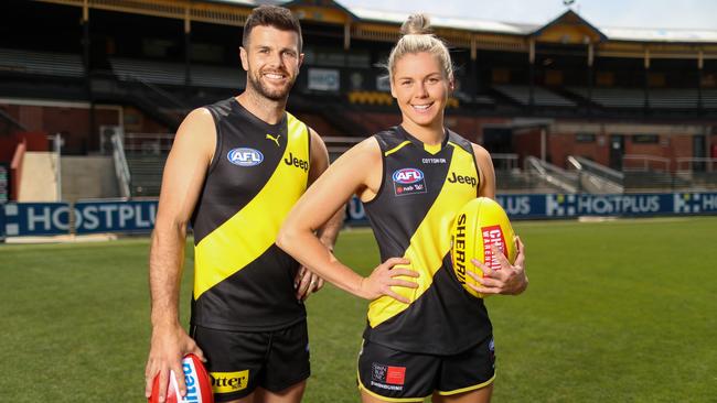 Richmond’s AFL captain Trent Cotchin and AFLW skipper Katie Brennan. Picture: Alex Coppel.