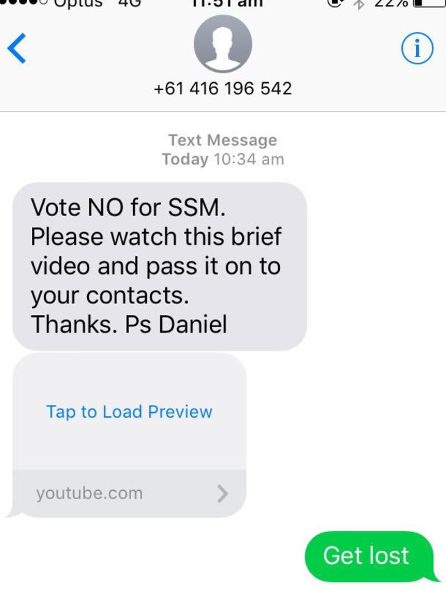 Same Sex Marriage "No Campaign" message sent out in September 2017. Source: Supplied