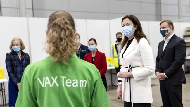 Premier Annastacia Palaszczuk checks out the new mas vaccination centre at the Brisbane Convention and Exhibition Centre. Picture: Sarah Marshall