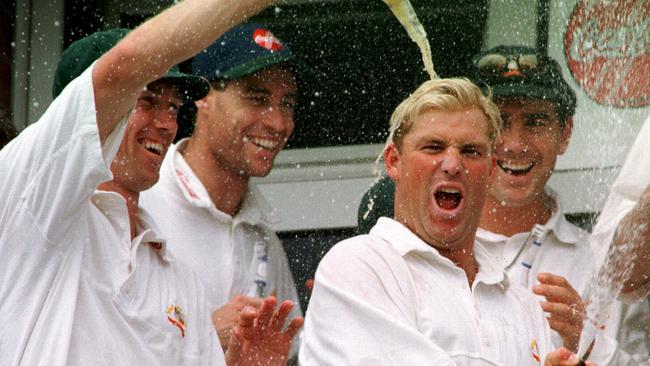 Warne celebrating with Glenn McGrath after an Ashes win.