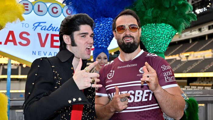 LAS VEGAS, NEVADA - DECEMBER 12: An Elvis impersonator and National Rugby League player Aaron Woods attend the National Rugby League – Vegas Promo Tour at Allegiant Stadium on December 12, 2023 in Las Vegas, Nevada. Allegiant Stadium will host 10 NRL matches kicking off with a season-opening double-header next March. (Photo by David Becker/Getty Images for NRL)