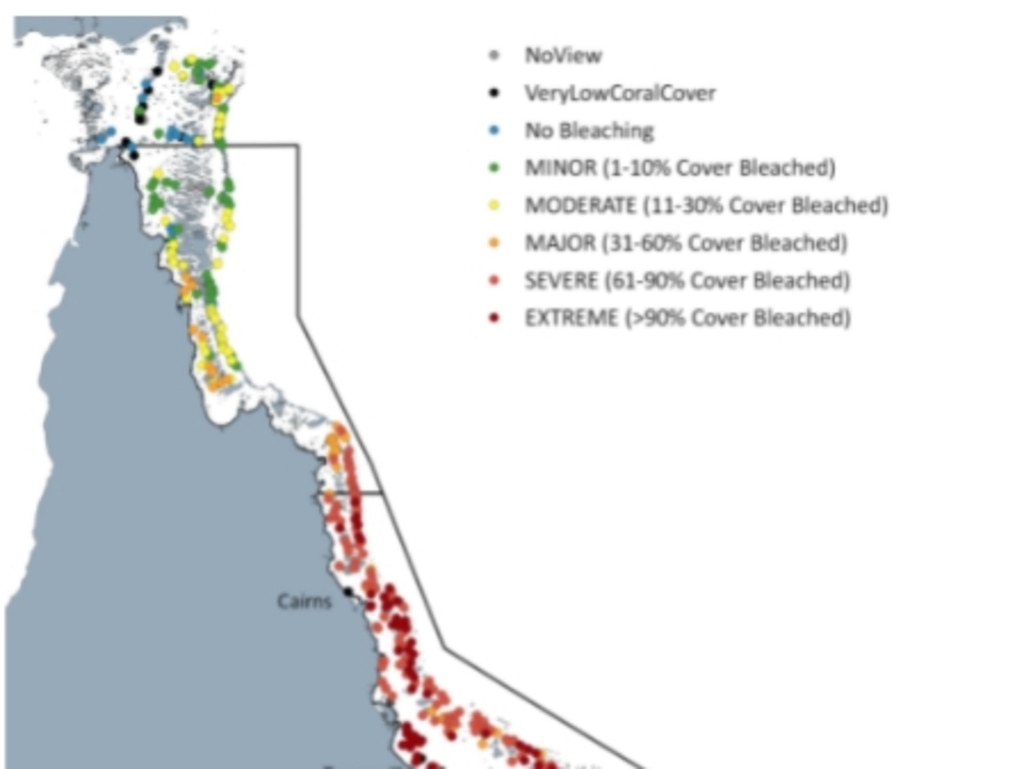2022 aerial survey observations of coral bleaching in the Great Barrier Reef. Source: Reef snapshot: summer 2021-22