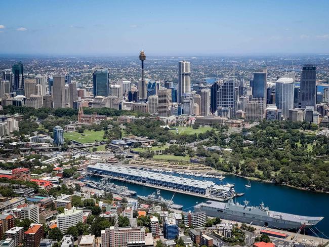 Aerial view of Sydney CBD skyline where a siege is in progess in Lindt Cafe Martin Place, picture Craig Greenhill