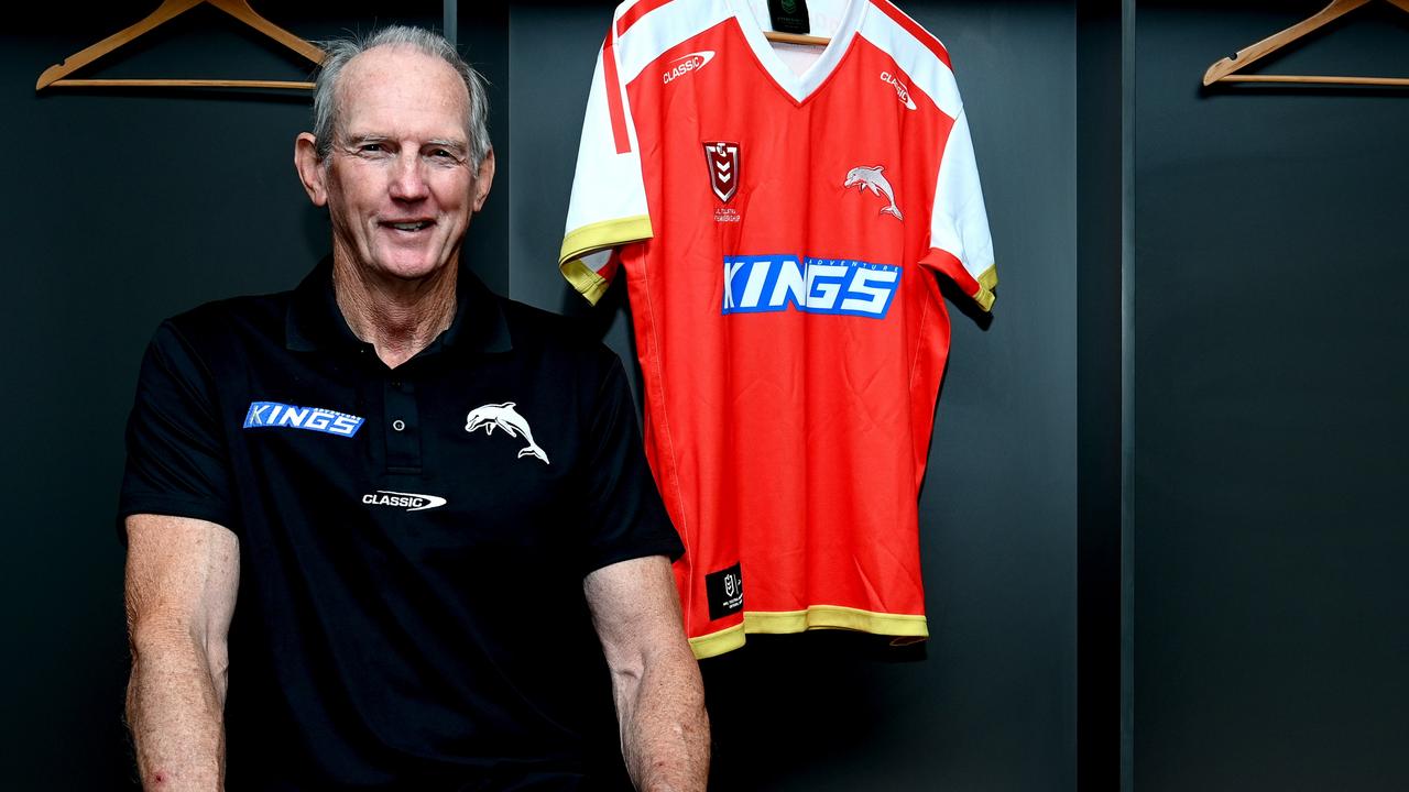 BRISBANE, AUSTRALIA - OCTOBER 27: Wayne Bennett poses for a photo with the revealing of the Dolphins jersey during a Dolphins NRL press conference at Suncorp Stadium on October 27, 2021 in Brisbane, Australia. (Photo by Bradley Kanaris/Getty Images)