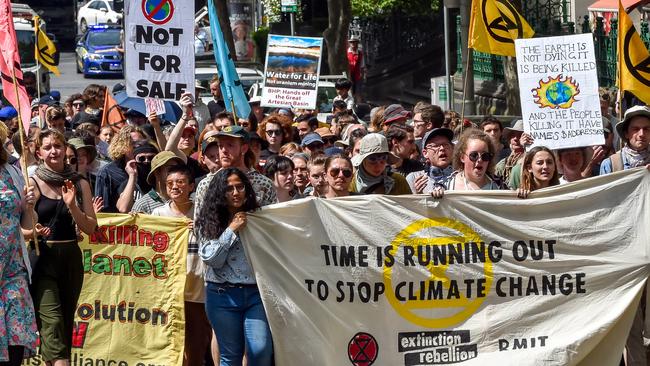 Climate change activists blockade the IMARC conference at the Melbourne Exhibition Centre on Thursday. Picture: Jake Nowakowski