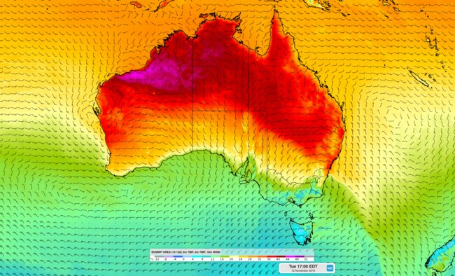 Weatherzone map showing forecast temperature and wind strength on Tuesday. Picture: Weatherzone.