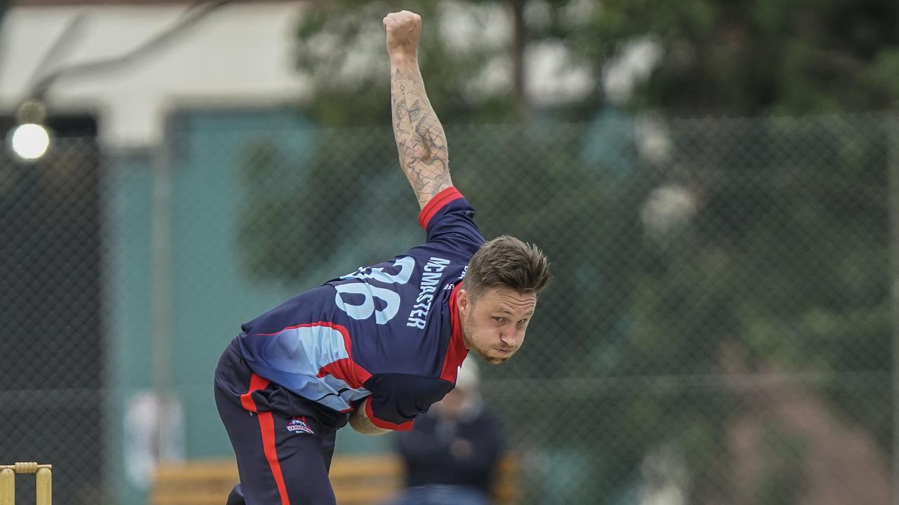 Premier - Dandenong fast bowler Adam McMaster lets one rip. Picture: Valeriu Campan