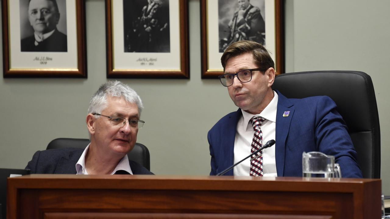 CEO Brian Pidgeon (left) and Cr Geoff McDonald before the Toowoomba Regional Council special meeting to select a new mayor, Friday, July 21, 2023. Picture: Kevin Farmer