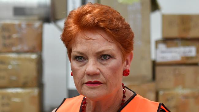 One Nation Leader Senator Pauline Hanson visits a lighting factory in Salisbury, Brisbane. One Nation’s vote has fallen from 18 per cent to 12 per cent. Picture: AAP