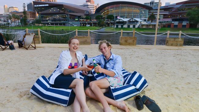 Isobel Madsen and Llew Vernon-Skewes at Urban Beach at Pinky Flat. Picture: AAP / Brenton Edwards