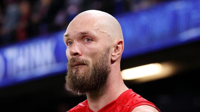 MELBOURNE, AUGUST 2, 2024: 2024 AFL Football - Round 21 - Western Bulldogs V Melbourne Demons at Marvel Stadium. Max Gawn of the Demons drops his head after the loss. Picture: Mark Stewart