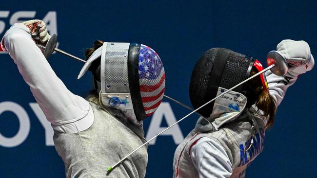 Female fencers clash at the World Championships in Milan. Picture: Andreas Solaro/AFP