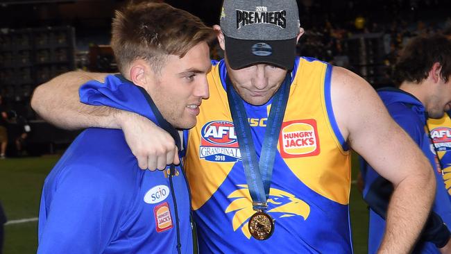 Brad Sheppard and Jeremy McGovern after the Grand Final.