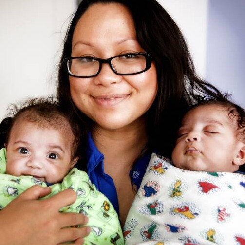 Identical twins Albert and Benson Tass, with their Mum Maria Cunliffe, in February 2015. The twins were both born with heart conditions and were among the Queensland Children’s Hospital first cardiac patients. Picture: Supplied