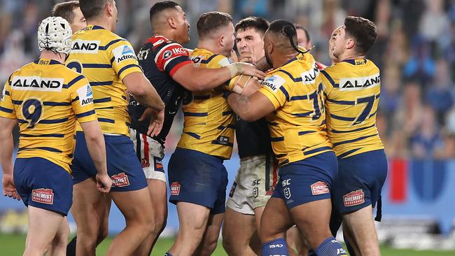 Roosters lock Victor Radley squares off with Eels rival Nathan Brown after a high tackle on Saturday night Picture: Getty Images