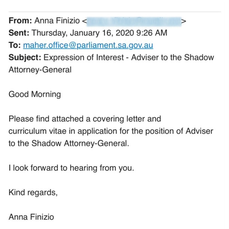 The leaked email from Dr Anna Finizio. Picture: Supplied