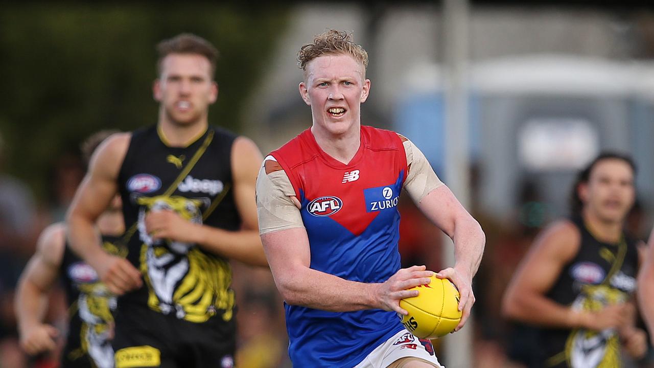 AFL. JLT. Round 1. Richmond v Melbourne at Deakin Reserve, Shepparton. Melbourne's Clayton Oliver runs through the middle . Pic: Michael Klein