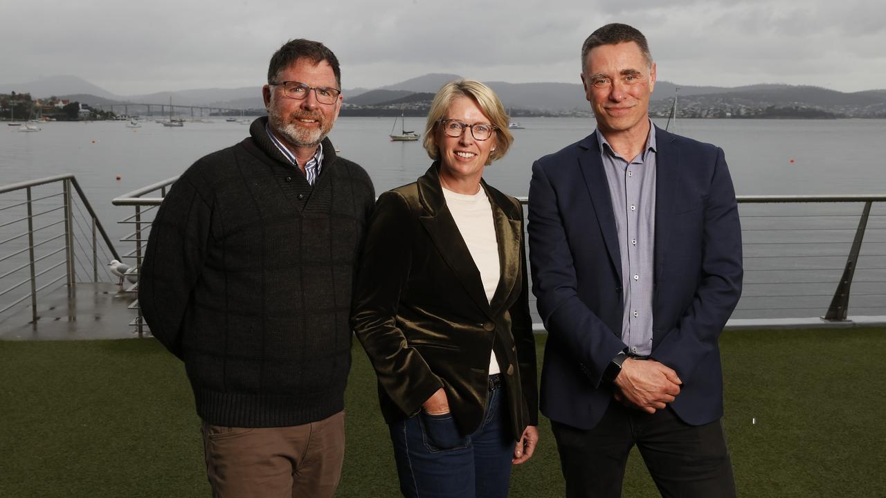 Tim Parsons of Curringa Farm, Jill Abel CEO Australian Cruise Association, Alex Heroys CEO Destination Southern Tasmania. Launch of cruise ship season with the first boat arriving in late October. Picture: Nikki Davis-Jones