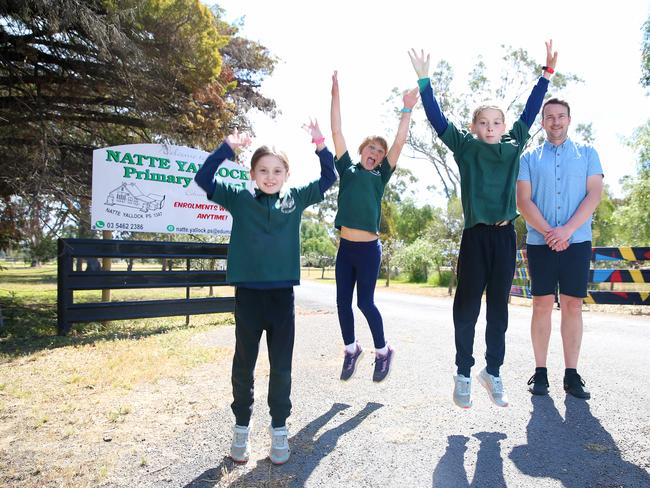 For NEWS: Natte Yallock Primary School has just five students, but offers them a rich learning experience with low student-to-teacher ratio. Pictured is principal Kane Tolliday with students, (L-R)  Alice Mortlock, grade 1, Clara Fischer, grade 3 and Olive Mortlock, grade 3.Picture: ANDY ROGERS