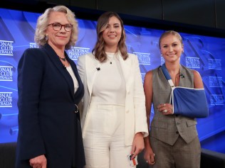 CANBERRA, AUSTRALIA - FEBRUARY 09: National Press Club President, Laura Tingle poses with Brittany Higgins and Grace Tame at the National Press Club on February 09, 2022 in Canberra, Australia.
