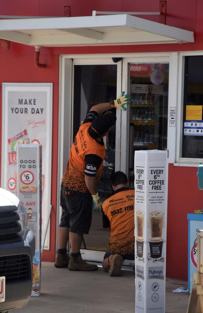 Coolalinga Shell service station was one of the businesses targeted in a Top End crime spree on Sunday, April 2, 2023. Site manager Sherrie Dattinger said a group of children used a trolley and a brick to break the glass windows and door. Picture: Sierra Haigh