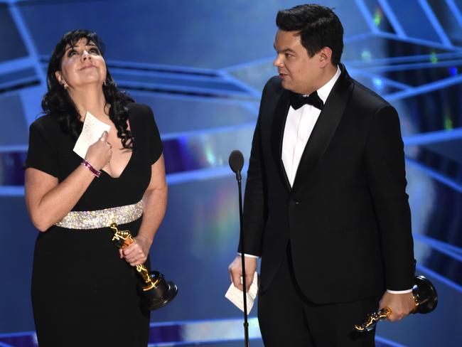 Kristen Anderson-Lopez, left, and Robert Lopez. Picture: AP