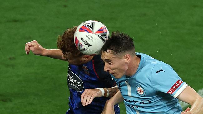 MELBOURNE, AUSTRALIA - MARCH 12: Max Caputo of Melbourne City attempts a shot on goal during the round 14 A-League Men match between Melbourne City and Newcastle Jets at AAMI Park, on March 12, 2025, in Melbourne, Australia. (Photo by Robert Cianflone/Getty Images)