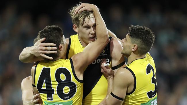 Dion Prestia celebrates a goal with Tom Lynch. Picture: Sarah Reed